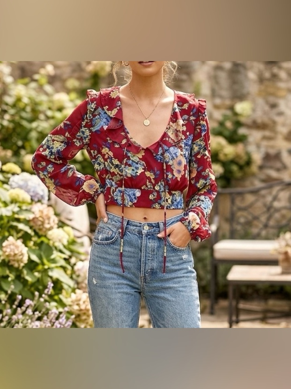 Floral Burgundy Ruffle Tie-Front Crop Top